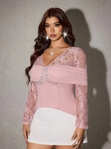 Viva Relle Plus Size Women's Heavy Embellished Rhinestone V-Neck Lace Patchwork Ruched Long Sleeve Pink Blouse, Waist-Defining Top To Outline Graceful Curves - Pink - View 5