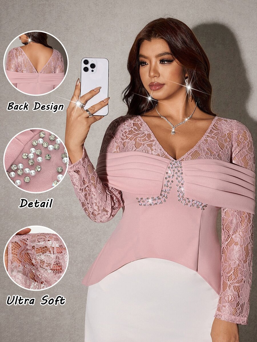 Viva Relle Plus Size Women's Heavy Embellished Rhinestone V-Neck Lace Patchwork Ruched Long Sleeve Pink Blouse, Waist-Defining Top To Outline Graceful Curves - Pink - View 1