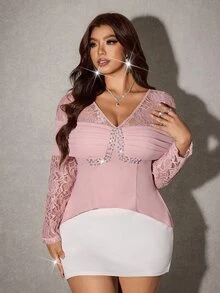 Viva Relle Plus Size Women's Heavy Embellished Rhinestone V-Neck Lace Patchwork Ruched Long Sleeve Pink Blouse, Waist-Defining Top To Outline Graceful Curves - Pink - View 2