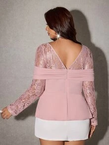 Viva Relle Plus Size Women's Heavy Embellished Rhinestone V-Neck Lace Patchwork Ruched Long Sleeve Pink Blouse, Waist-Defining Top To Outline Graceful Curves - Pink - View 6