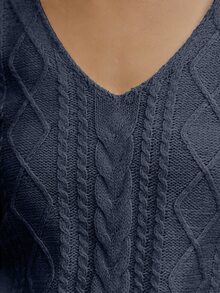 SHEIN 女士休闲杏色扭绳V领短袖修身套头针织衫，简约日常穿搭 - 藏蓝色 - 查看 6