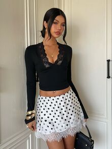 Aloruh 女款波點圖案對比蕾絲下擺優雅裙 - 黑與白 - 查看 4
