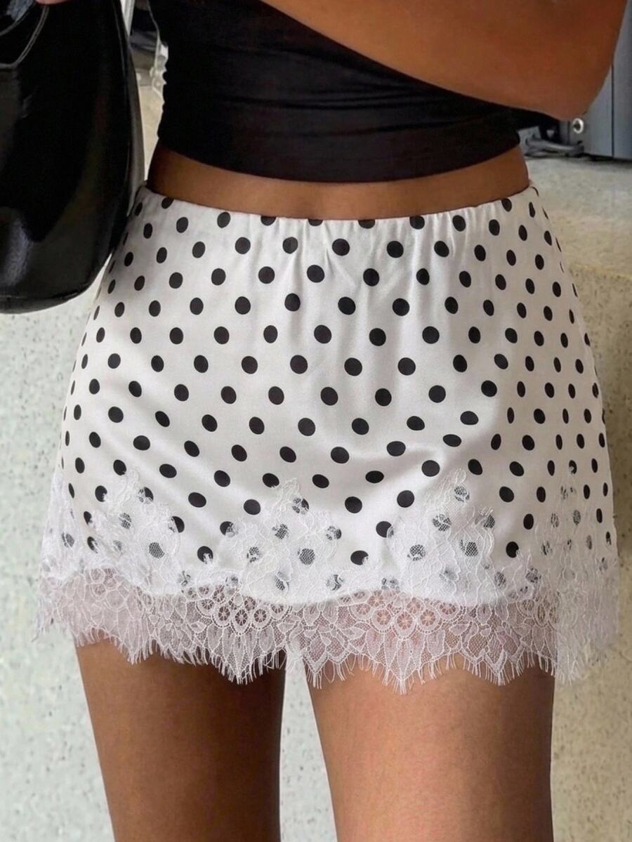 Aloruh Women's Polka Dot Pattern Contrast Lace Hem Elegant Skirt - Black and White - View 1