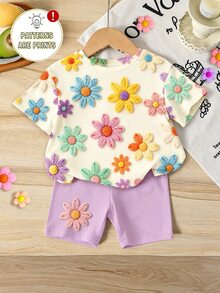 Summer Baby Girl Casual Cute Daddys Girl Multi-Piece Set Dusty Pink Leopard Print Cartoon Rabbit Pattern Round Neck T-Shirt Shorts Vacation - Multicolor - View 4