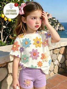Summer Baby Girl Casual Cute Daddys Girl Multi-Piece Set Dusty Pink Leopard Print Cartoon Rabbit Pattern Round Neck T-Shirt Shorts Vacation - Multicolor - View 3