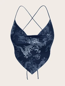 SHEIN ICON 中國龍圖案交叉露背頭巾下擺吊帶上衣 - 藍色 - 查看 3
