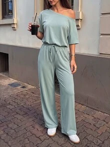 Pariaura Women's Off-Shoulder Short Sleeve Jumpsuit, Loose Wide Leg Casual Set With Drape, Elastic Drawstring Casual Romper - Green - View 1