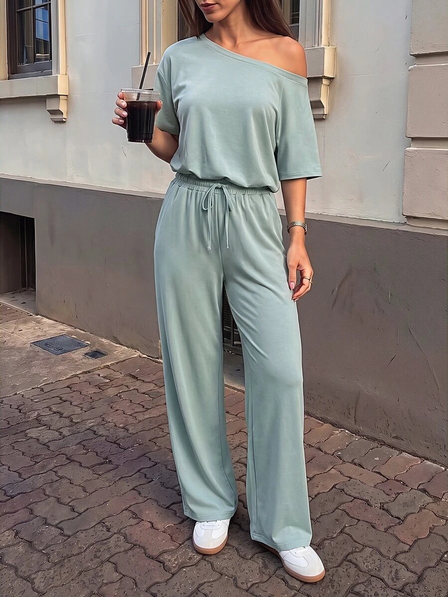 Pariaura Women's Off-Shoulder Short Sleeve Jumpsuit, Loose Wide Leg Casual Set With Drape, Elastic Drawstring Casual Romper - Green - View 1