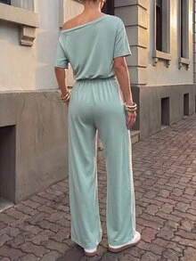 Pariaura Women's Off-Shoulder Short Sleeve Jumpsuit, Loose Wide Leg Casual Set With Drape, Elastic Drawstring Casual Romper - Green - View 6