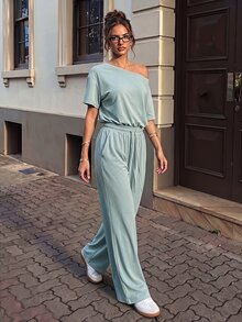 Pariaura Women's Off-Shoulder Short Sleeve Jumpsuit, Loose Wide Leg Casual Set With Drape, Elastic Drawstring Casual Romper - Green - View 4