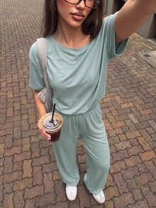 Pariaura Women's Off-Shoulder Short Sleeve Jumpsuit, Loose Wide Leg Casual Set With Drape, Elastic Drawstring Casual Romper - Green - View 5