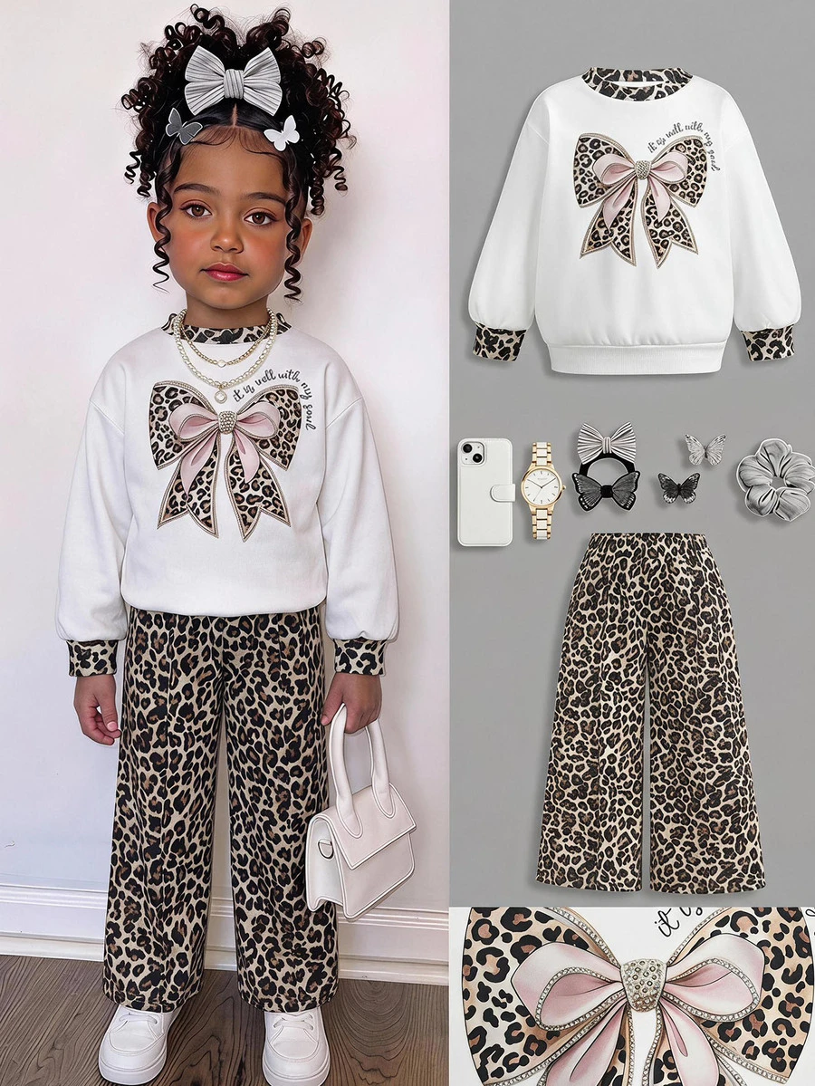 Young Girl Autumn/Winter Casual Leopard Print Bow & Heart Print Loose Drop Shoulder Long Sleeve Sweatshirt + Leopard Print Pleated Wide Leg Sweatpants Set - Multicolor - View 1