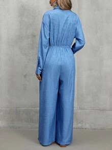 Breezaya Women Long Sleeve Jumpsuit With Faux Denim Print, Casual For Daily Outing & Vacation Fall Spring W - Blue - View 2