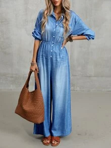 Breezaya Women Long Sleeve Jumpsuit With Faux Denim Print, Casual For Daily Outing & Vacation Fall Spring W - Blue - View 1