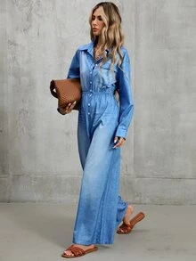Breezaya Women Long Sleeve Jumpsuit With Faux Denim Print, Casual For Daily Outing & Vacation Fall Spring W - Blue - View 3