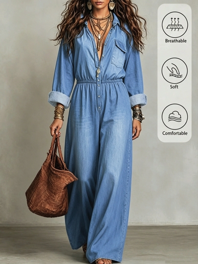 Breezaya Women Long Sleeve Jumpsuit With Faux Denim Print, Casual For Daily Outing & Vacation Fall Spring W