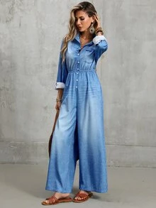 Breezaya Women Long Sleeve Jumpsuit With Faux Denim Print, Casual For Daily Outing & Vacation Fall Spring W - Blue - View 5