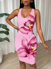 Eryvara Floral Print Slim Fit Sleeveless Bodycon Dress For New Year - Pink - View 6