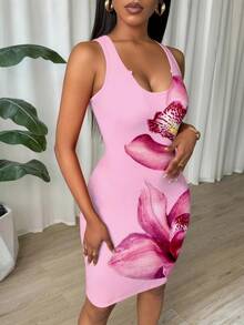Eryvara Floral Print Slim Fit Sleeveless Bodycon Dress For New Year - Pink - View 4