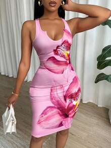 Eryvara Floral Print Slim Fit Sleeveless Bodycon Dress For New Year - Pink - View 2