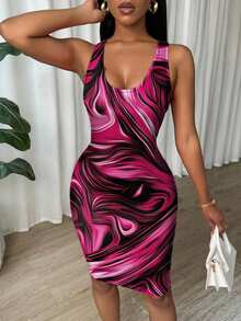 Eryvara Pink And White Pleated Slim Fit Sleeveless Bodycon Dress For New Year Clothes Clubbing Summer - Hot Pink - View 5