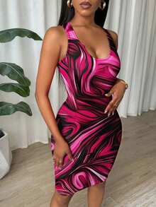 Eryvara Pink And White Pleated Slim Fit Sleeveless Bodycon Dress For New Year Clothes Clubbing Summer - Hot Pink - View 4