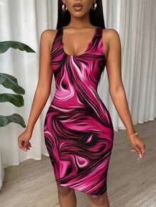 Eryvara Pink And White Pleated Slim Fit Sleeveless Bodycon Dress For New Year Clothes Clubbing Summer - Hot Pink - View 7