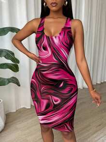 Eryvara Pink And White Pleated Slim Fit Sleeveless Bodycon Dress For New Year Clothes Clubbing Summer - Hot Pink - View 6