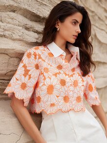 BELROSIE Random Elegant Daisy Embroidery Hollow Out Shirt,Short Sleeve Tops - Orange - View 7