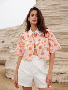 BELROSIE Random Elegant Daisy Embroidery Hollow Out Shirt,Short Sleeve Tops - Orange - View 5