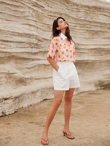 BELROSIE Random Elegant Daisy Embroidery Hollow Out Shirt,Short Sleeve Tops - Orange - View 2