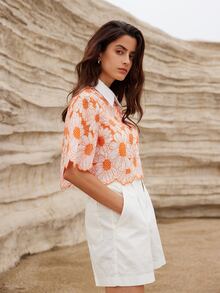BELROSIE Random Elegant Daisy Embroidery Hollow Out Shirt,Short Sleeve Tops - Orange - View 4