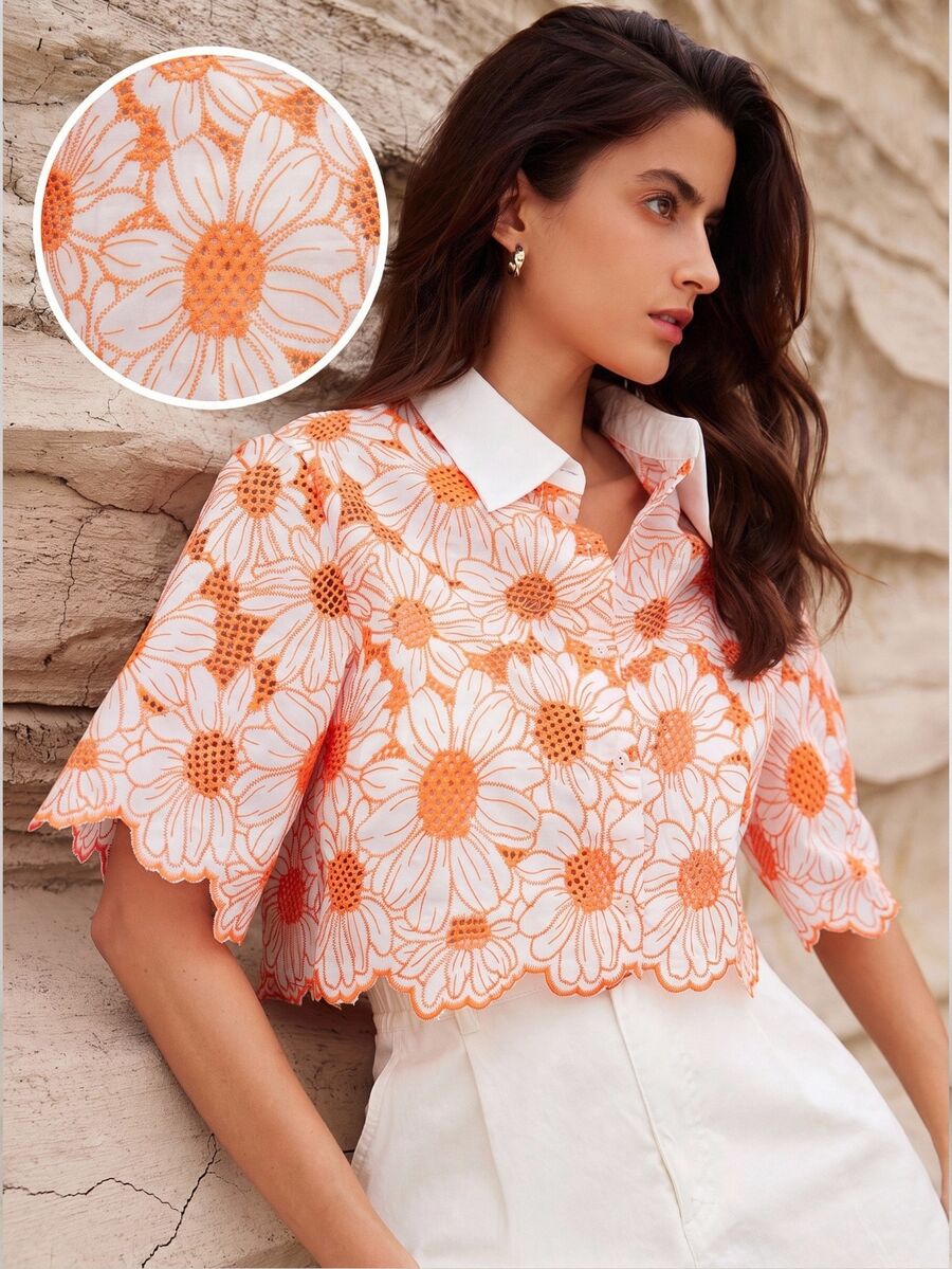 BELROSIE Random Elegant Daisy Embroidery Hollow Out Shirt,Short Sleeve Tops - Orange - View 1