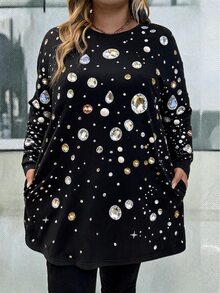 Linhara CURVE Kaos Fashion Wanita Ukuran Besar dengan Hiasan Rhinestone, Leher Bulat, dan Saku - MultiWarna - View 5