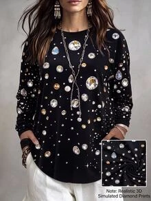 Linhara CURVE Kaos Fashion Wanita Ukuran Besar dengan Hiasan Rhinestone, Leher Bulat, dan Saku - MultiWarna - View 1