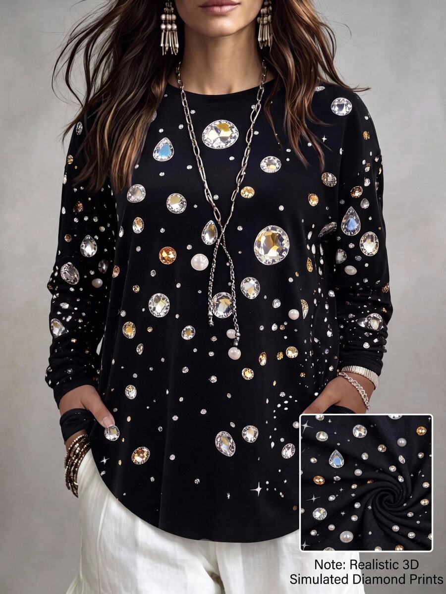 Linhara CURVE Kaos Fashion Wanita Ukuran Besar dengan Hiasan Rhinestone, Leher Bulat, dan Saku - MultiWarna - View 1