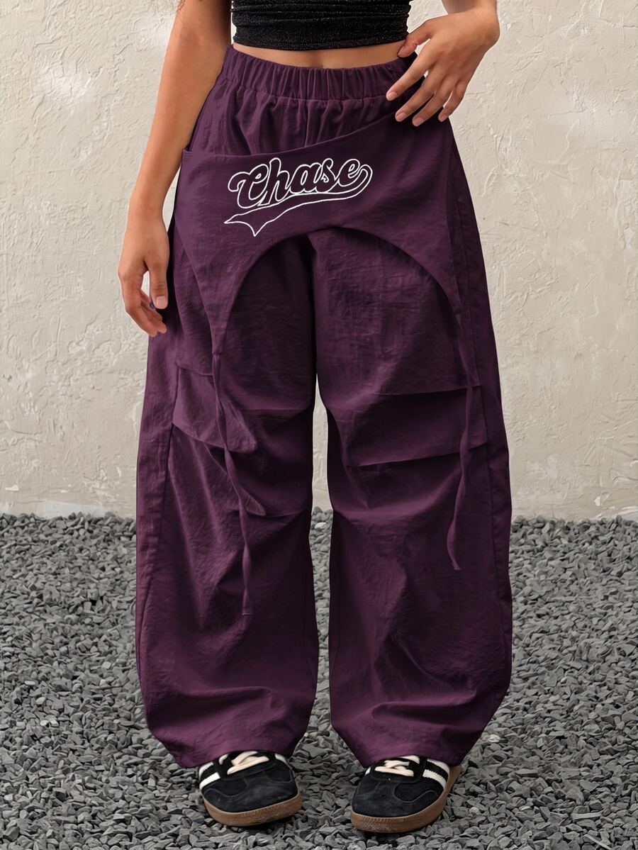 Coolane Kids 兒童青少年女孩春夏街頭風 Y2K 音樂節白色拼接配色降落傘長褲 - 紫色 - 查看 1