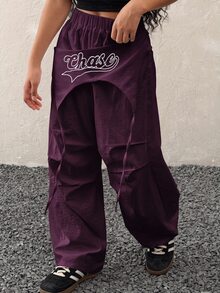 Coolane Kids 兒童青少年女孩春夏街頭風 Y2K 音樂節白色拼接配色降落傘長褲 - 紫色 - 查看 5
