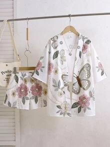 SHEIN 3件套：長袖襯衫、白色修身短肩帶背心與鬆緊腰短褲，休閒百搭日常穿著，兒童校園風 - 白色 - 查看 8