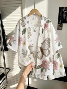 SHEIN 3件套：長袖襯衫、白色修身短肩帶背心與鬆緊腰短褲，休閒百搭日常穿著，兒童校園風 - 白色 - 查看 2