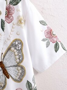 SHEIN 3件套：長袖襯衫、白色修身短肩帶背心與鬆緊腰短褲，休閒百搭日常穿著，兒童校園風 - 白色 - 查看 6