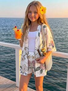 SHEIN 3件套：長袖襯衫、白色修身短肩帶背心與鬆緊腰短褲，休閒百搭日常穿著，兒童校園風 - 白色 - 查看 9