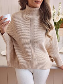 Isle Nomé Elegant Minimalist Apricot Turndown Collar Raglan Sleeve Loose Knit Pullover Sweater For Women, Suitable For Commuting, Autumn/Winter - Apricot - View 6