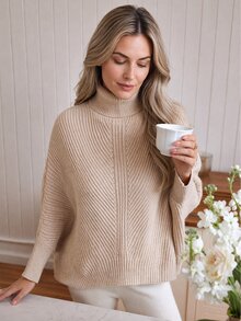 Isle Nomé Elegant Minimalist Apricot Turndown Collar Raglan Sleeve Loose Knit Pullover Sweater For Women, Suitable For Commuting, Autumn/Winter - Apricot - View 1