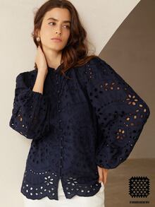 BELROSIE New Autumn French Style Casual Luxury Embroidered Hollow-Out Pleated Front Long Sleeve Blouse Fall Cloth For Women - Navy Blue - View 8