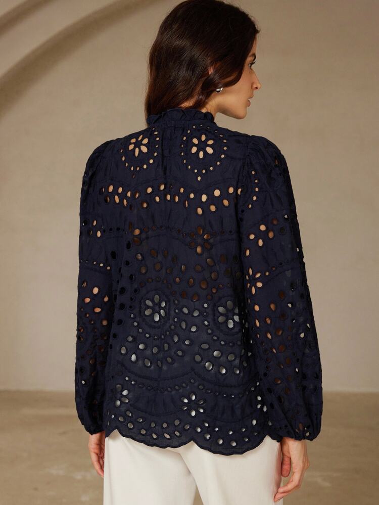 BELROSIE New Autumn French Style Casual Luxury Embroidered Hollow-Out Pleated Front Long Sleeve Blouse Fall Cloth For Women - Navy Blue - View 2