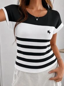 SHEIN LUNE Women's Casual Minimalist Round Neck Fitted Short Sleeve T-Shirt, Suitable For Spring/Summer,Summer Top - Multicolor - View 2