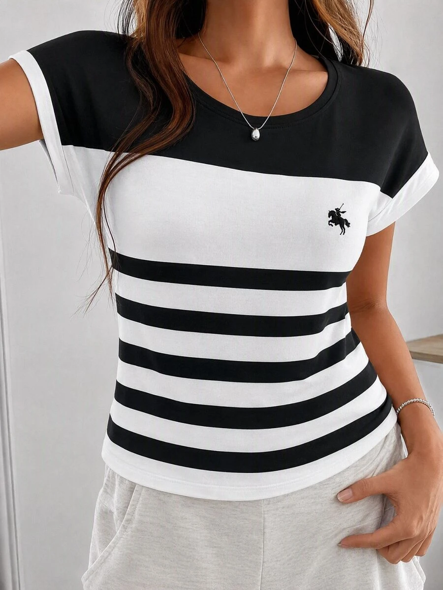 SHEIN LUNE Women's Casual Minimalist Round Neck Fitted Short Sleeve T-Shirt, Suitable For Spring/Summer,Summer Top