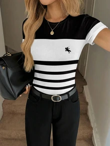 SHEIN LUNE Women's Casual Minimalist Round Neck Fitted Short Sleeve T-Shirt, Suitable For Spring/Summer,Summer Top - Multicolor - View 6