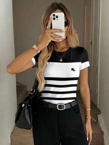 SHEIN LUNE Women's Casual Minimalist Round Neck Fitted Short Sleeve T-Shirt, Suitable For Spring/Summer,Summer Top - Multicolor - View 8